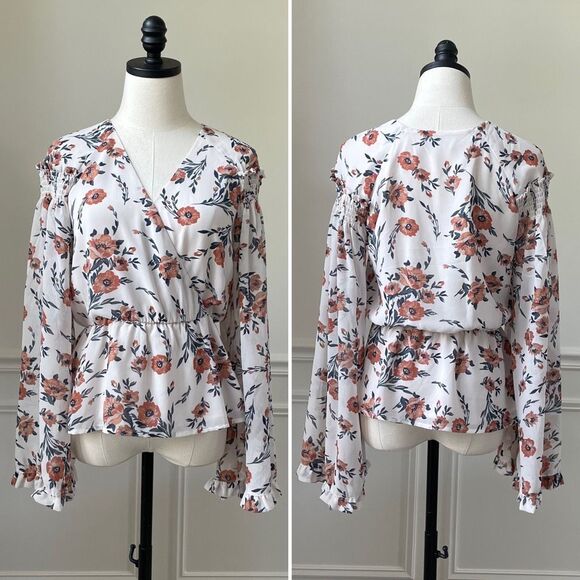June & Hudson Bell Sleeve Crossfront Peplum Blouse Floral Chiffon M - Picture 1 of 9